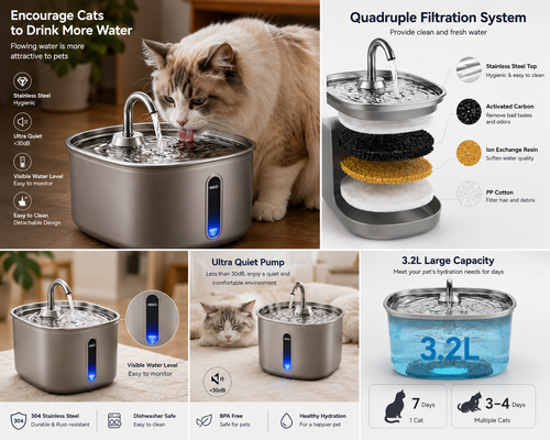 3.2L Stainless Steel Cat Water Fountain With 6 Filters & 3 Sponges