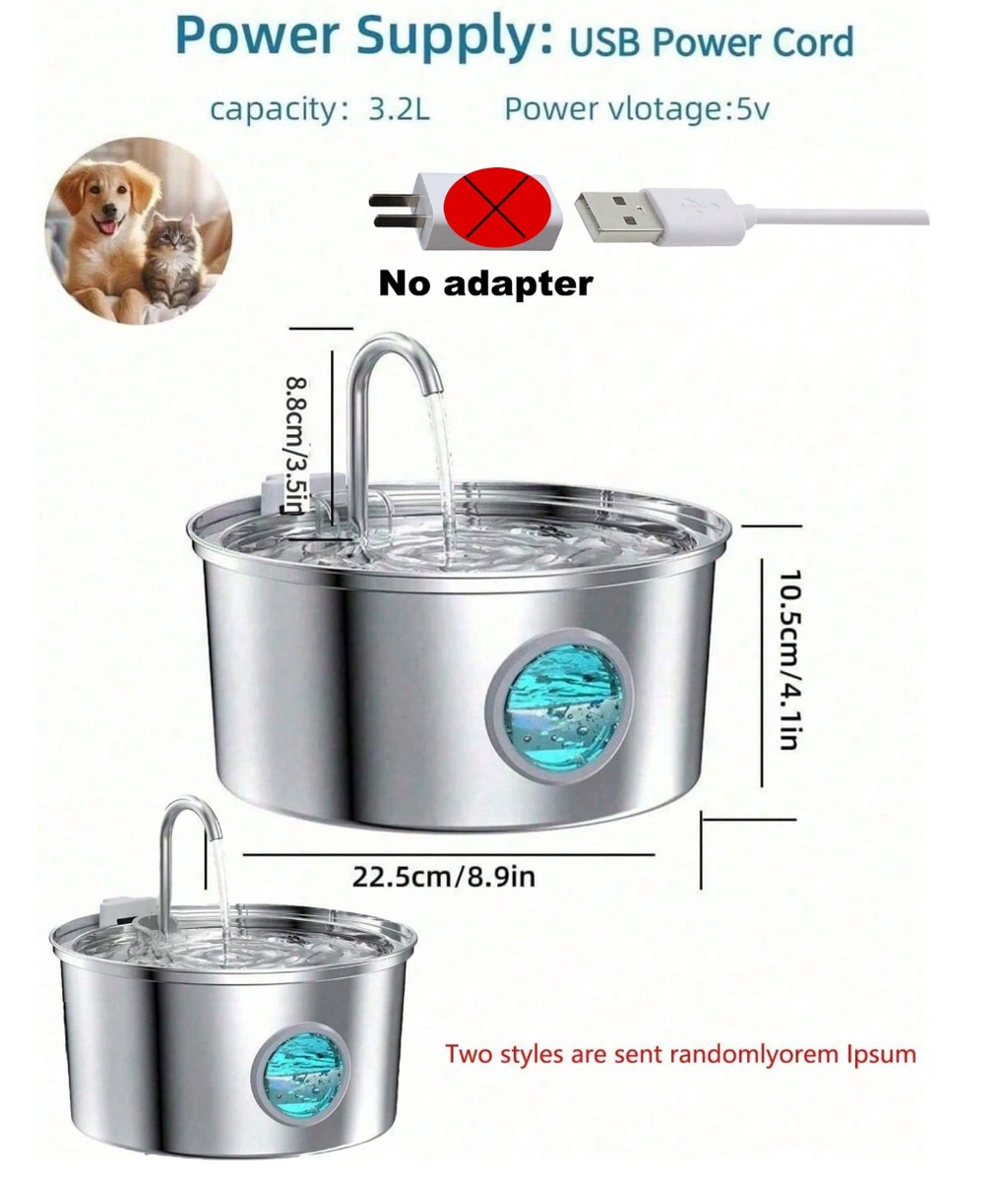 3.2L Stainless Steel Cat Water Fountain With 6 Filters & 3 Sponges
